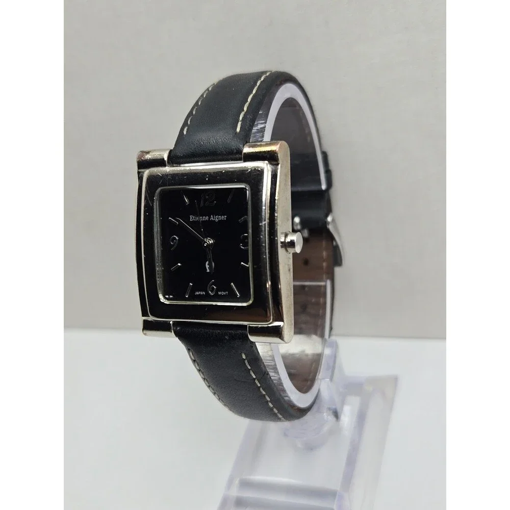 Vintage Etienne Aigner Womens Silver Black Dial Leather Quartz Watch New Battery